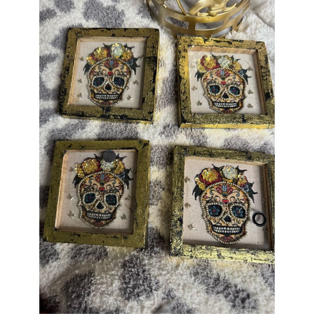 Glam gold mixed media beaded skull sugar skull coasters handmade lot of 4